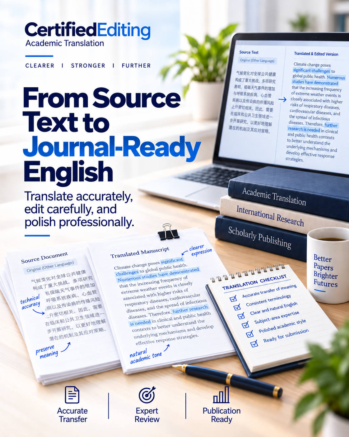 Academic translation, editing, and proofreading from source text to journal-ready English