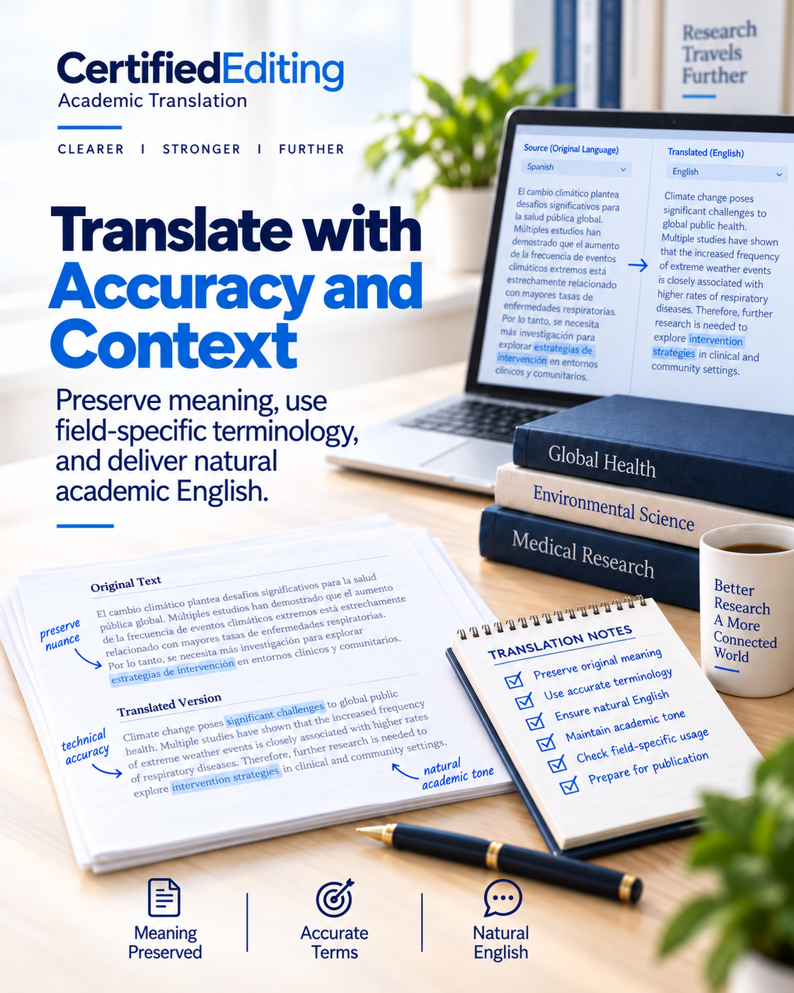 Academic translation preserving meaning, context, and field-specific terminology