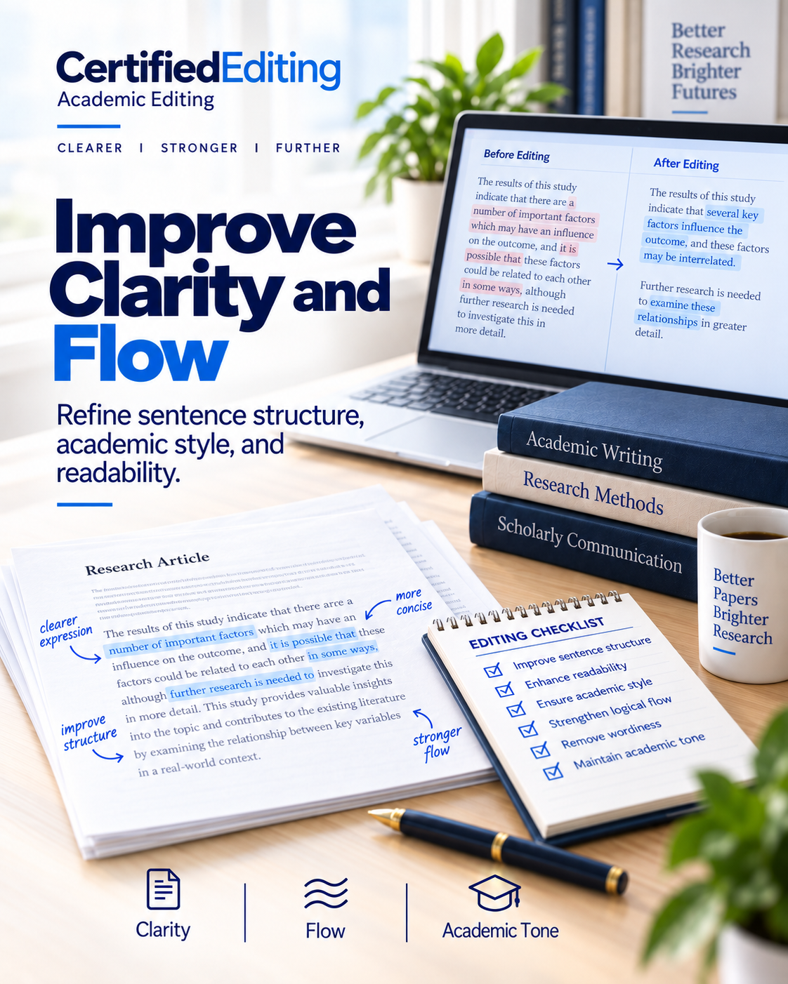 Academic editing to improve clarity, sentence structure, flow, and readability