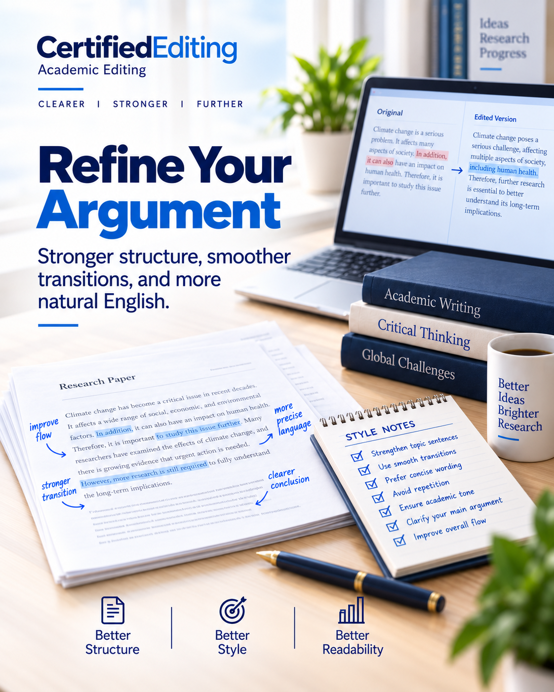 Academic editing for stronger structure, smoother transitions, and natural English