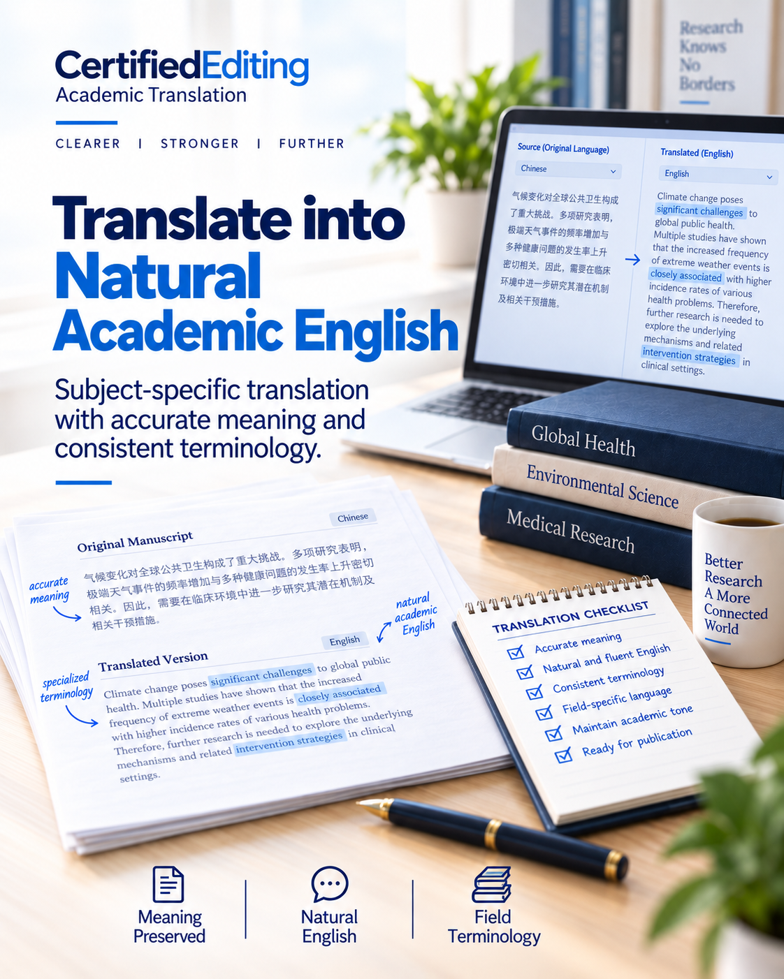 Academic translation with accurate meaning, natural English, and consistent terminology