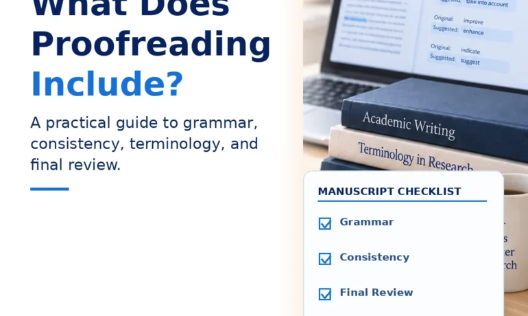 Guide explaining what academic proofreading includes for research manuscripts
